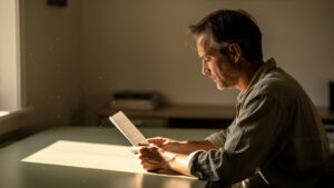 A man reads a court document at a desk in soft afternoon light