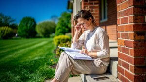A woman sits on brick porch steps on a bright spring day reading a folder of insurance paperwork