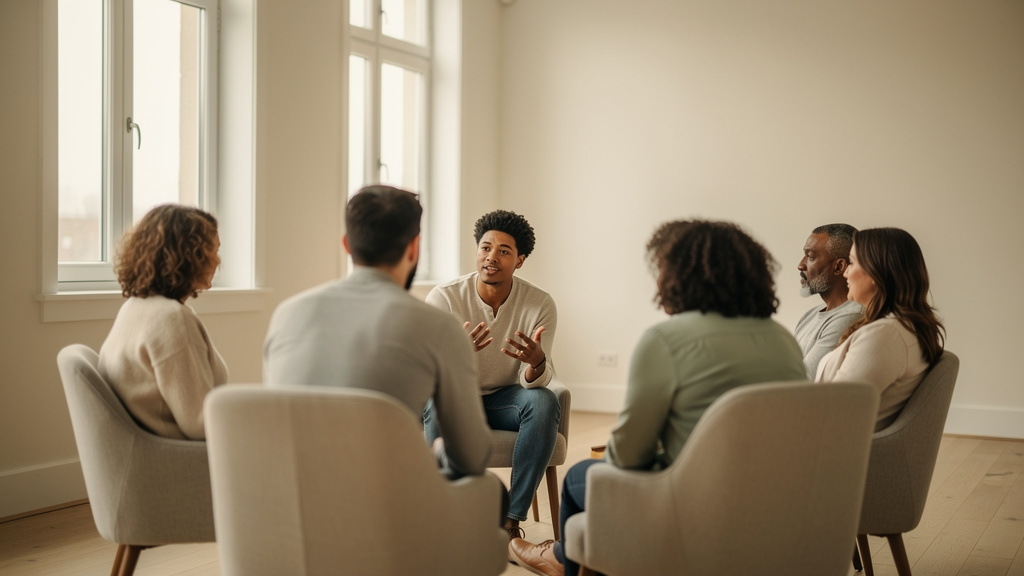 A small therapy group sits in a circle of chairs in a bright room with tall windows