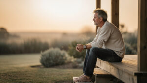A man sits alone on wooden porch steps at dawn looking out toward the light